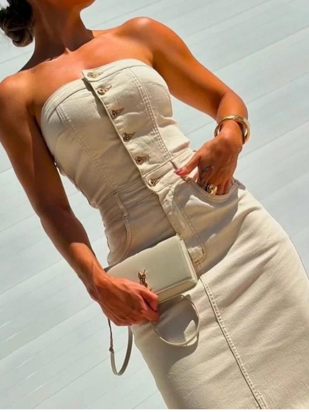 Sincerely Jules strapless tan denim midi dress size medium NWT